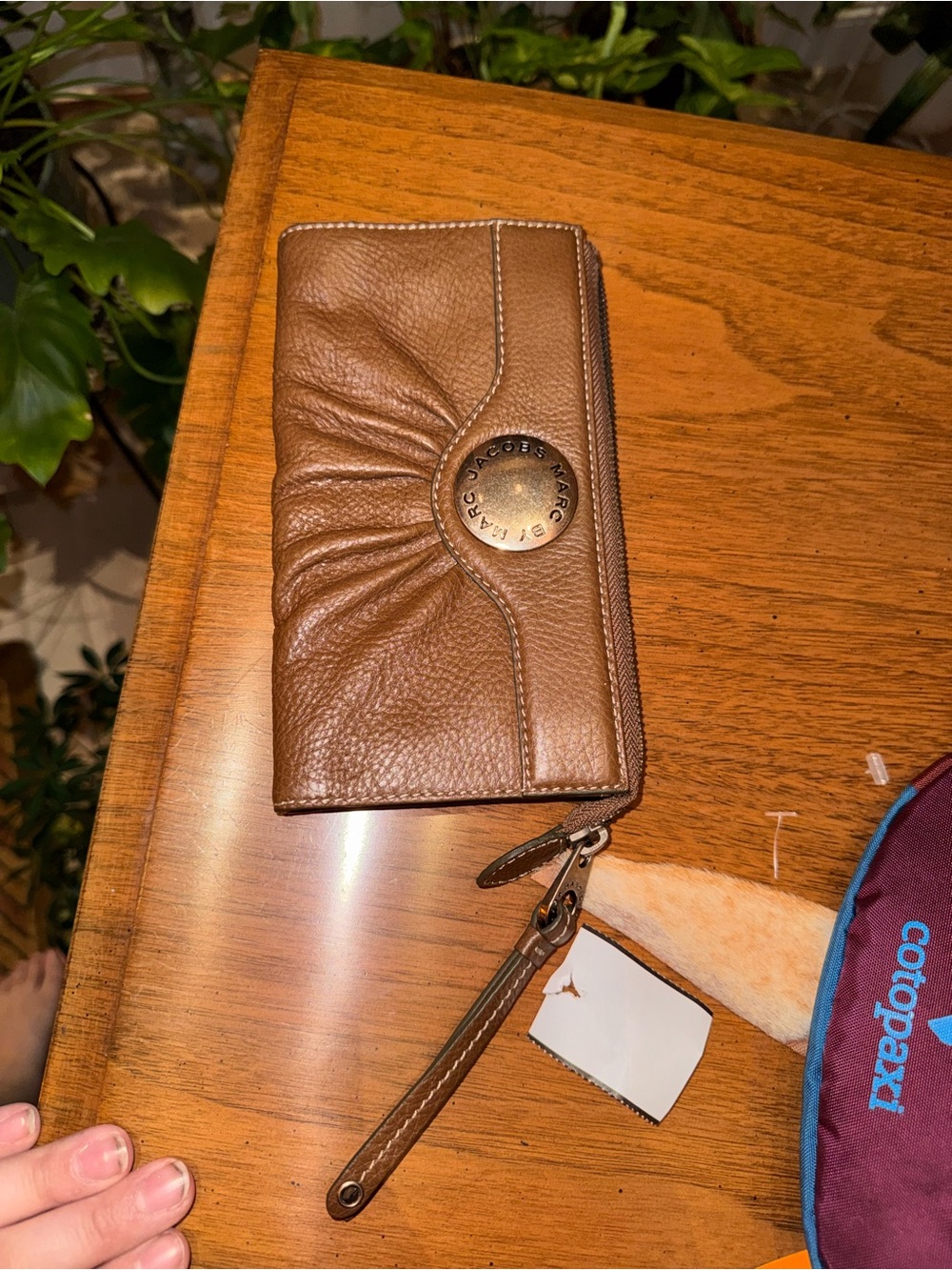 Marc Jacobs Tan Leather Wristlet Wallet with Logo Medallion
